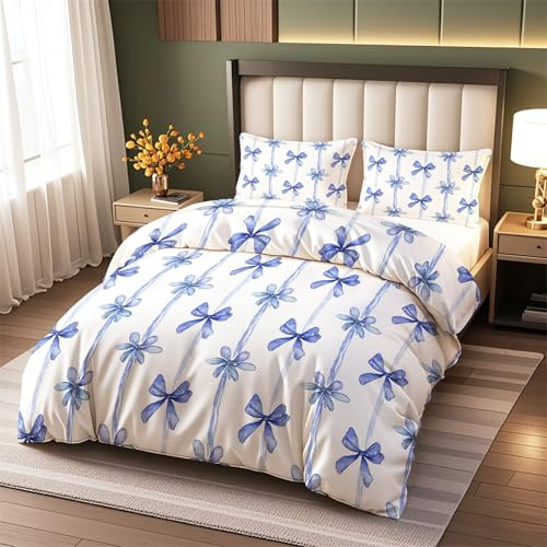 ViblyCoz Blue Bow Stripe Double Bed Duvet Cover Set White 3 Piece Bedding with 1 Duvet Cover 200x200cm and 2 Pillowcases