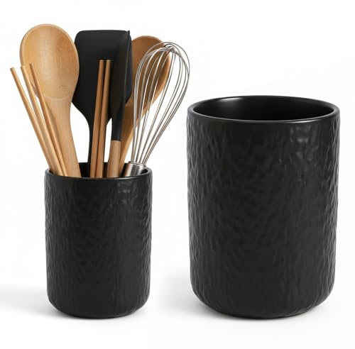 Eclove Lot de 2 Pots Ustensiles Cuisine en Céramique, Porte Ustensiles Grands et Moyens pour Outils de Cuisine, Cuillères, Spatules, Fourchettes, Couteau et Accessoires (Noir1)