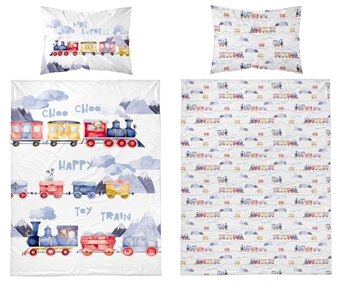 Detexpol Babybettwäsche Set Eisenbahn – 100x135 cm + 40x60 cm – 100% Baumwolle, Öko-Tex Standard 100, atmungsaktiv & hautfreundlich, Jungen & Mädchen, Wende-Bettwäsche mit Reißverschluss (Blau)