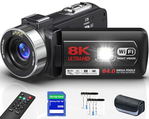 8K 64MP Video Camera Camcorder with IR Night Vision Vlogging Camera, 18X Zoom Digital 3.0 inch Touch Screen WiFi Camcorder for YouTube with 32G SD Card, 2.4G Remote Control, and Two Batteries