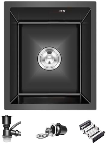 Lavello Da Cucina In Acciaio Inox A Vasca Singola Stretta 38x30cm - Lavabo Da Incasso Piccoli Spazi Camper Bar Bagno Domestico Con Cestello Scarico Sopra Il Piano Lavoro (Black, 35X25X22CM)