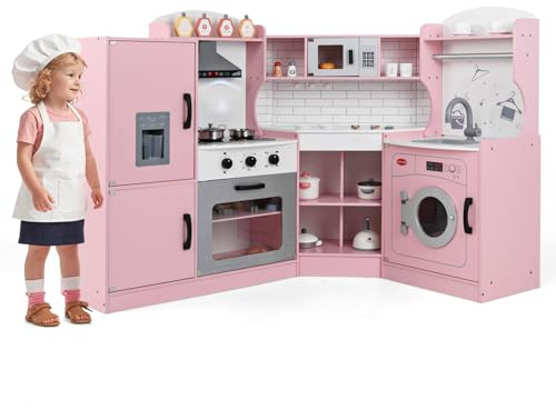 GOPLUS Cuisine Enfant en Bois, Cuisine d'angle avec Machine à Glaçons, Micro-Ondes, Cuisinière, Four, Évier, Lave-Linge, Effect Lumières et Sons, Jeu d'Imitation pour 3-10 Ans (Rose)