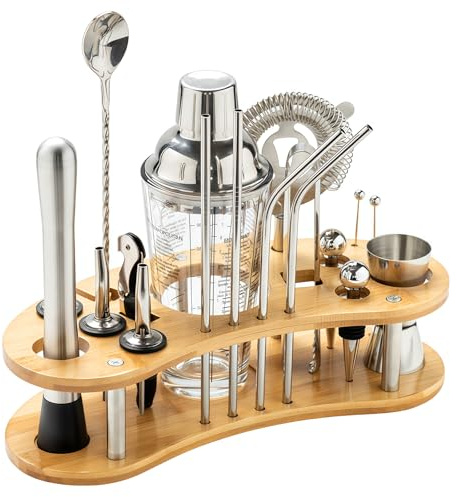Cocktail Shakers Set, 600ml Cocktail Making Tool Kit with 600ml Glass Cocktail Shaker and Wooden Display Stand, Cocktail Shakers Professional Bartender Kit Accessories for Home & Bar (20 PCS)