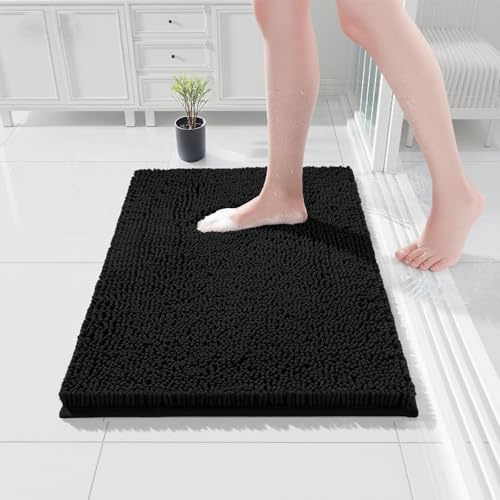 COMPOLICY Badematte 40x60 cm Chenille Schwarz, rutschfeste & Kratzbeständige Badteppich, Waschbar & Schmutzabweisend Badvorleger, Schnelltrocknend Duschvorleger für Haustierhaushalte, Badezimmer 4060
