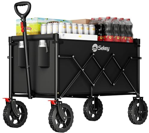 Sekey Bollerwagen Faltbar 120L 100KG 4029 Pro, Leichter Handwagen | Transportwagen klappbar Geländetauglich mit Bremse, Leichter Faltbollerwagen mit Verstellbare Zugstange, Schwarz