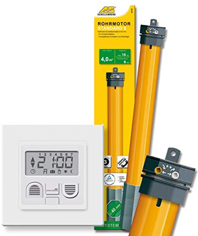 Schellenberg Rohrmotor Set mit Rolladenmotor 2106 Mini (SW 40) Standard 6 Nm (Zugkraft max 15 kg) + Zeitschaltuhr Plus für Rolladen Rolladenantrieb