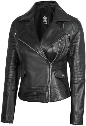 Blingsoul Asymmetrische Lammfell-Lederjacke für Damen – stilvolle Damen-Lederjacken, Gadot - Schwarze Jacke, M