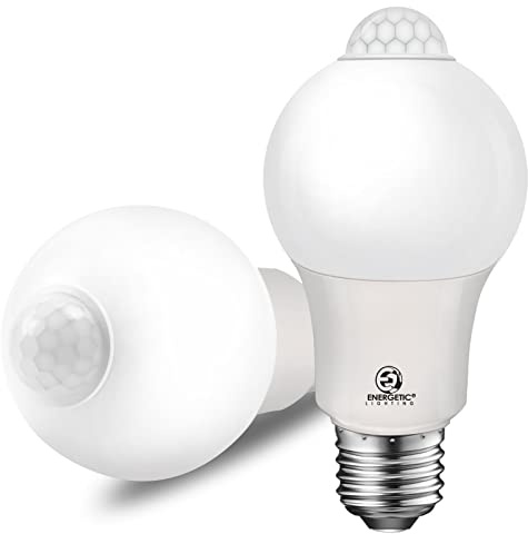 Energetic Motion Sensor Light Bulb, 60 Watt Equivalent (8.5W), Indoor/Outdoor Automatic Activated by Motion, A19, E26, 5000K Dusk to Dawn Security Bulbs for Entrance, Porch, Stairs, Hallway, 2 Pack