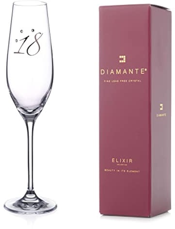 DIAMANTE Swarovski 18th Birthday Champagne Flute – Single Crystal Champagne Glass with Platinum 18 Embossed and Swarovski Crystals – Gift Boxed