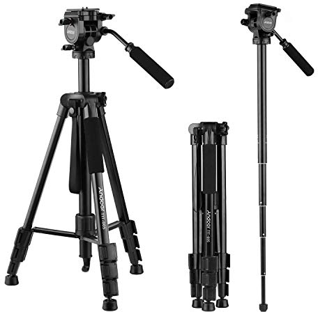 Andoer 65in Aluminum Alloy Video Camera Tripod Monopod, Compact Lightweight Travel Tripod with 3-way Swivel Head and Quick Release Plate for Canon Nikon Sony DSLR Video Shooting (Max. Load 11LB)