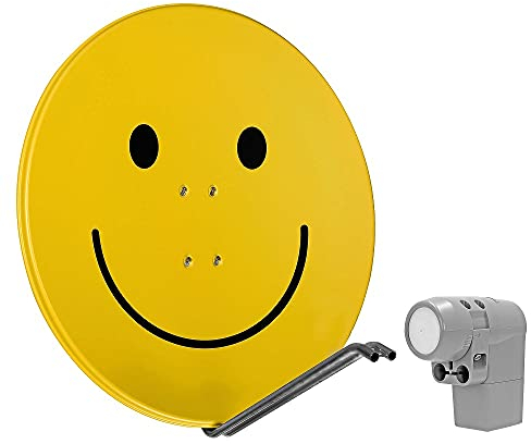 TechniSat SATMAN 850 Plus – Satellitenschüssel für 4 Teilnehmer (85 cm Sat Komplettanlage, Spiegel mit Masthalterung und UNYSAT Universal-Quattro-Switch LNB im Wetterschutz-Gehäuse) gelb mit Smiley