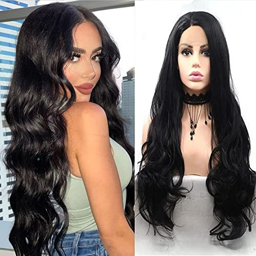 Xiweiya Black Wigs for Black Women Hair Long Body Wavy Synthetic Lace Synthetic Natural Black Hair Replacement Full Wig Heat Resistant Fiber For Women 24 inch