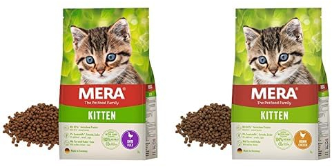 MERA Cats Kitten Ente - Trockenfutter für heranwachsende Katzen - 2 kg & Cats Kitten Huhn - Trockenfutter für heranwachsende Katzen - Katzentrockenfutter mit hohem Fleischanteil - 2 kg