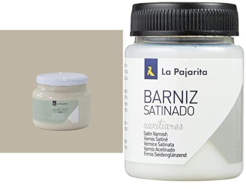 La Pajarita 103091 Pintura para Decoración y DIY, Chalk, 1, Beige Antiguo + Bote de Barniz Acabado Satinado 75ML Efecto Satinado