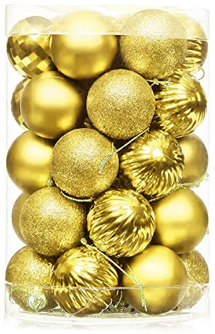 Shinee one Christmas Baubles Gold, 34PCS Gold Christmas Balls for Tree Decorations, Traditional Mini Xmas Baubles Decor Yellow Shatterproof Hanging Ornaments for Holiday and Party Decoration