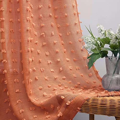 KOUFALL Boho-Vorhänge, für Kinderzimmer, Kunstschmetterling, Pompon, getuftet, Blumenmuster, durchscheinend, für Schlafzimmer, 2 Paneele, 160 cm lang, orange