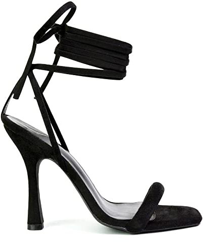 Womens Lace Up Heels Strappy Ankle Strap Sandals Ladies Square Open Toe Stiletto High Heel Shoes Size 3 4 5 6 7 8 Black Faux Suede