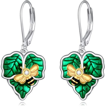 Biene Ohrringe Sterling Silber Grün Emaille Blatt Tropfen Ohrringe Biene Schmuck Geschenke für Deman