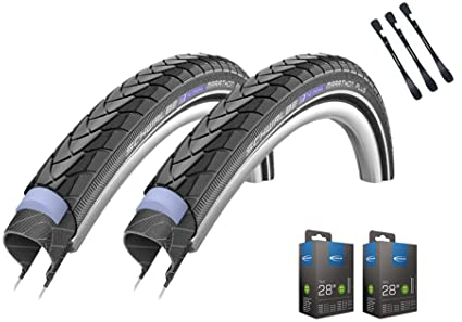 2er Set Schwalbe Reifen Marathon Plus 28 Zoll (47-622) Reflex auswählbar mit Schläuchen + 3 MSZweirad Metall Reifenheber E Bike (AV Schläuche, 28x1.50 (40-622))