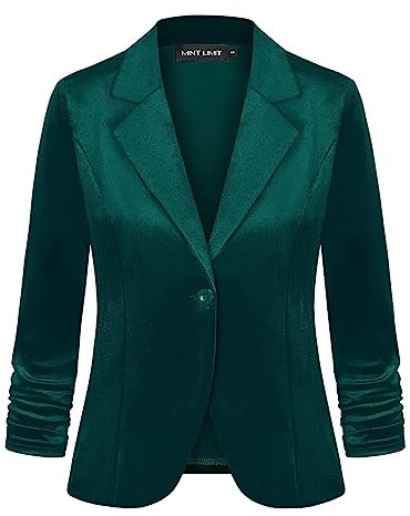 MINTLIMIT Velvet Blazer Jackets for Women 3/4 Sleeve Suit Jacket One Button Comfortable Stylish (Dark Green L)