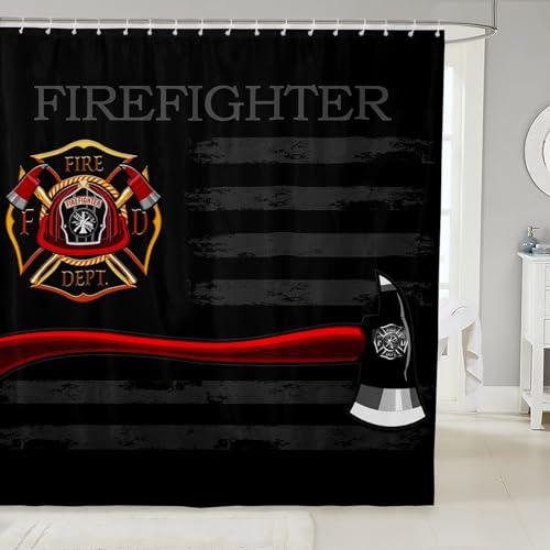 Feuerwehr-Duschvorhang, amerikanische Flagge, geometrische Streifen, Badezimmer-Vorhänge für Jungen, Mädchen, Erwachsene, Feuerwehr-LKW-Werkzeuge, rot, schwarz, modisch, wasserdicht, 12 Haken, 183 x