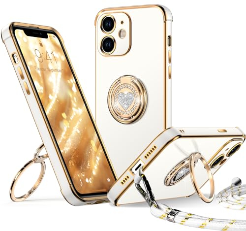 XYZ iPhone 11 Case with Stand, Heart Lanyard for Girls Women, Luxury Cute Bling Protective Phone Cover for iPhone 11, White