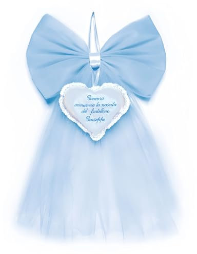 Crociedelizie, fiocco nascita annuncia sorellina fratellino bimba bimbo personalizzato in tulle rosa azzurro con ricamo ricamato elegante semplice coccarda fuori porta cuore
