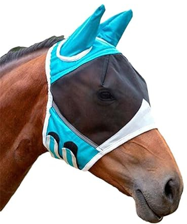 Fliegenmasken für Pferde mit Ohren, Fliegenmaske Pferd uv Schutz, Atmungsaktive Pferdemaske Anti Moskito (Blau, S)