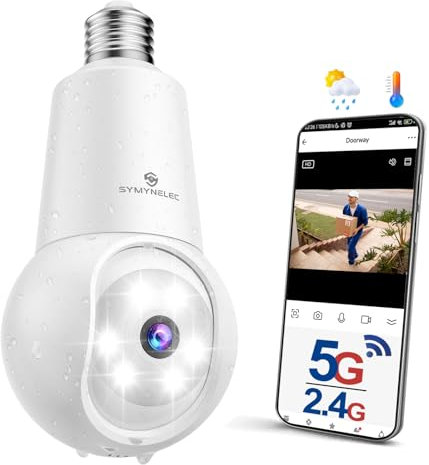 SYMYNELEC 5GHz/2.4GHz Cámara de Bombilla Vigilancia WiFi Exterior 3K 5MP, Camara de Seguridad Inalámbrica 360°con Seguimiento Humano, Visión Nocturna a Color, Audio Bidireccional, Compatible Alexa
