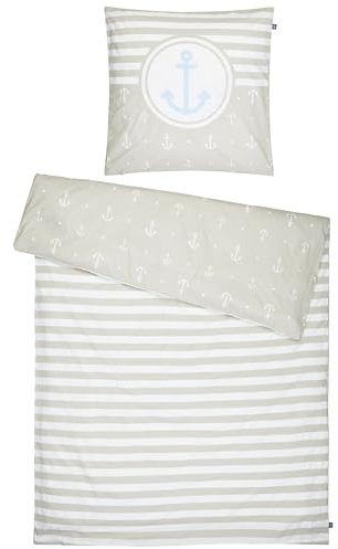 SCHIETWETTER Bettwäsche Anker & Streifen 135x200, 2teilig Bettbezug, Kissenbezug, Bettwäsche-Set, maritimer Wendebezug, 100% Baumwolle Stein OS