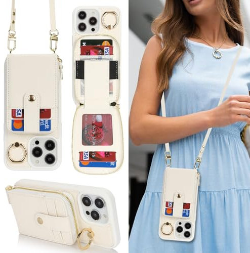 SailorTech iPhone 14 Pro Max Hülle Ring-Ständer mit Kartenfach, iPhone 14 Pro Max Handyhülle mit Verstellbarer Halskette, iPhone 14 Pro Max Handytasche mit Reißverschluss Geldbörse-Weiß