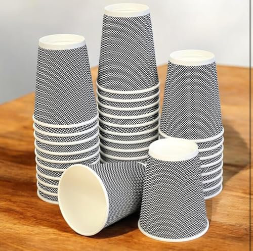 SmartCups 100 x 10oz Disposable Ripple Kraft Triple Walled Paper White & Black Pattern Coffee Cups & Lids (for Tea, Coffee, Cappuccino Hot Drinks, Takeaway & More) Eco Friendly