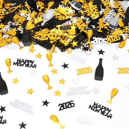 Konfetti Silvester Deko 2026, Streudeko Gold Schwarz, Neujahr Deko 2026 Tisch Konfetti, Glitzer Silvester Tischdeko für Silvesterparty, Happy New Year Partydeko (30g)