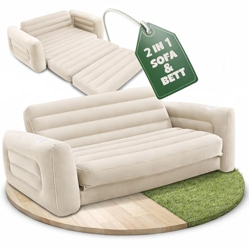 JoyMotion Aufblasbares Sofa Camping mit Pumpe – Bequeme Camping Couch aufblasbar – Weiche, geflockte Oberfläche – 2 in 1 Bett und Sofa aufblasbar Outdoor Camping, Strand, Garten, Terasse (Beige)