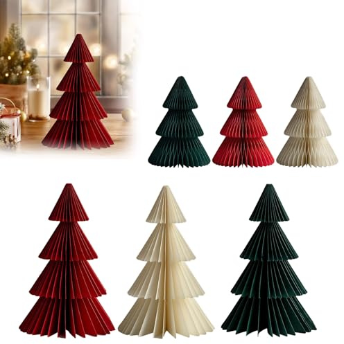 6 Stück Papier Weihnachtsbaum Deko, 2 Größe Weihnachtsbaum Tischdeko,3D Papier Waben Papiertannenbäume Wiederverwendbar Christmas Deko für Esstisch Schrank Fensterbank Kaminsims