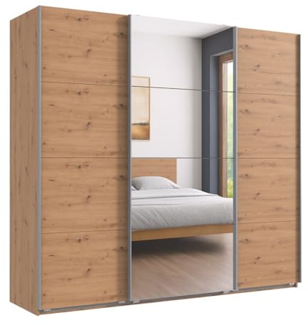 Geräumiger Schwebetürenschrank Kleiderschrank 3-türig B225/H208/T64 cm in Eichendekor, mittlere Tür mit Spiegel, inkl. einer Kleiderstange, 4 Einlegeböden und 2 Stoffboxen / 22520