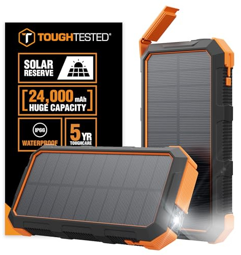 ToughTested 24000mAh Solar Power Bank Portable Charger, Fast Charging External Battery Pack with LED Flashlight, IP66 Waterproof, Dustproof, Shockproof USB-C Power Bank for Camping, Travel & Emergency