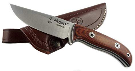 Muela Cuchillo husky HUSKY-11RM hoja de acero Sandvik 14c28n de 11 cm y empuñadura de micarta blanca, negra y rosewood para Caza, Pesca, Supervivencia y Bushcraft + Portabotellas de regalo
