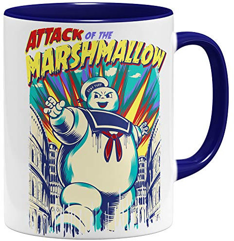 OM3® Ghost Marshmallow Attack Kaffee-Tasse - Keramik Becher - 11oz 325ml - Beidseitig Bedruckt - Dunkelblau