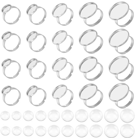 UNICRAFTALE 20Stk Ringrohling verstellbarer Fingerring Schmuckherstellung | Edelstahlfarbe,5 Größen 10/12/16/18/20mm,mit glasklaren Cabochons,korrosionsbeständig,einfach zu montieren,unisex