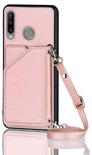 PekaTech Handykette für Huawei P30 Lite, PU-Leder Hülle- Handyhülle mit Band zum Umhängen - Klapptasche Handytasche Case mit Handy-Kette, Kartenfach und Portmonee, Roségold