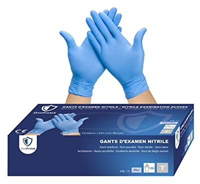 OneProtek Gants jetables en nitrile - Boîte de 100 gants jetables non poudrés - Taille XL (Très Grande) - Bleu - Sans latex - Résistants et Protection contre les produits chimiques