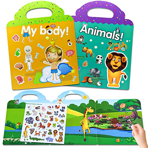 Wiederverwendbare Sticker Kinder 2 Pack Sticker Kinder Mein Körper und Tiere, Stickerbuch ab 2 Jahre, Sticker Set mit Kreative Spiel Szene und Aufkleber Illustrationen, Stickerheft für Junge Mädchen