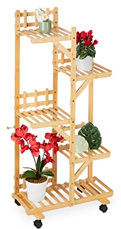 Relaxdays Pflanzenregal, Blumenständer mit 5 Ablagen, Bambus, HxBxT 130 x 62 x 36 cm, rollbar, Blumenregal innen, Natur