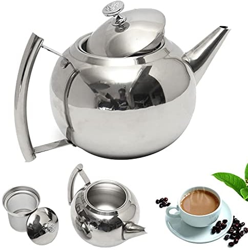 Teekanne Edelstahl mit Siebeinsatz, 2L Wasserkocher Kaffeekanne mit Deckel und Tragegriff, Aufheizbar Teebereiter für alle Duftender Tee und Infusionstee (2L)