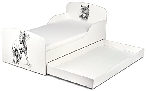 leomark Bianco Letto per Bambini in Legno - cavallo - Lettino con cassetto e Materasso, Rete a doghe, mobili per Bambino, magnifiche Stampe, Dimensioni del Materasso 140 x 70 cm