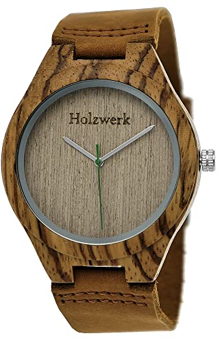 Holzwerk Germany Handgefertigte Designer Zebra-Muster Öko Unisex Damen-Uhr Herren-Uhr Öko Natur Holz-Uhr Leder Armband-Uhr Analog Klassisch Quarz-Uhr in Braun (braun) (Braun)