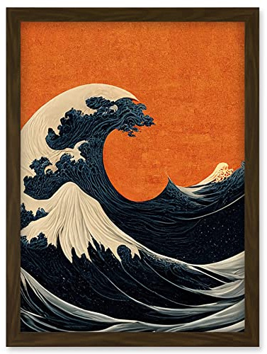 Doppelganger33 LTD Minimalist Orange Sunset Sky Modern Style Of Great Wave Off Kanagawa Artwork Framed Wall Art Print A4