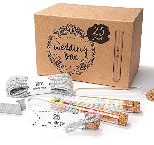 Tuuters 25x Kunststoff Reagenzglas mit Korken Juteschnur und Etikett (105 x ø 17mm) als Gast-Geschenk für Hochzeit Hochzeitsdeko