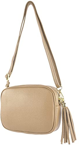 modamoda de - T240 - kleine Umhängetasche aus ital. Echtleder, Farbe:Graubeige